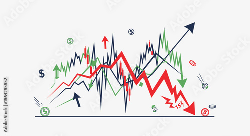 The stock market graph shows fluctuating financial trends with arrows indicating growth and decline.
