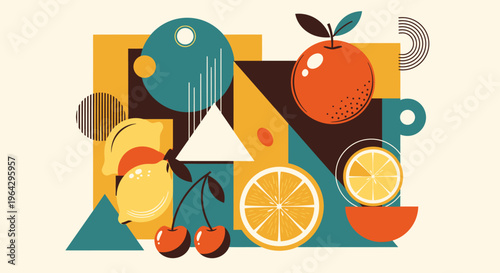 Vibrant still life composition featuring oranges, lemons, and cherries in a geometric patterned setting with abstract shapes.
