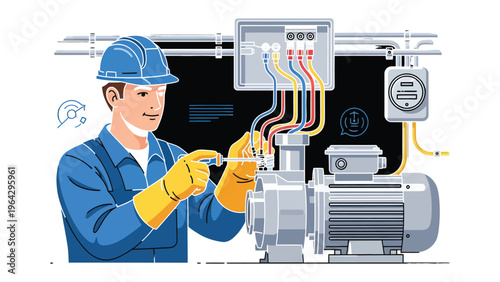 The Electrician at Work: A skilled electrician meticulously working on complex electrical systems, demonstrating expertise in maintenance, repair, and installation.