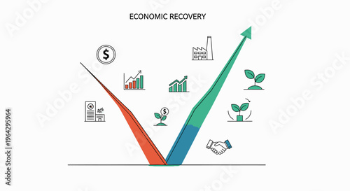 Economic recovery growth graph shows upward trend with icons.