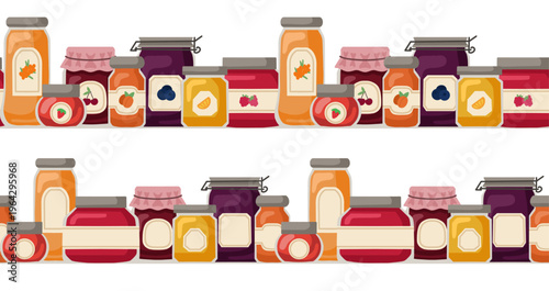 Vector set of seamless borders of various berry jams. Collection of frames with jars with sweet syrup in a flat style