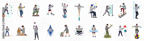 Set of diverse people wearing virtual reality headsets and controllers, experiencing various immersive VR simulations and digital environments in a flat vector style.