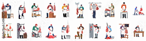 Collection of diverse professional butchers and meat processing workers illustrations, showing various steps of butchery and meat cutting isolated on white background.