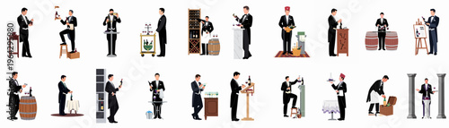 Comprehensive collection of flat vector illustrations featuring professional sommeliers and waiters in formal attire performing various wine service tasks.