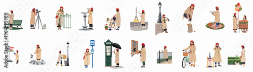 Set of vector illustrations showing a woman in a trench coat and red beret enjoying various tourist activities and lifestyle moments in Paris.