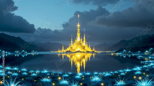 Golden fairytale castle with tall spires reflecting in calm blue lake under cloudy evening sky, surrounded by sparkling mystical light, fantasy kingdom atmosphere