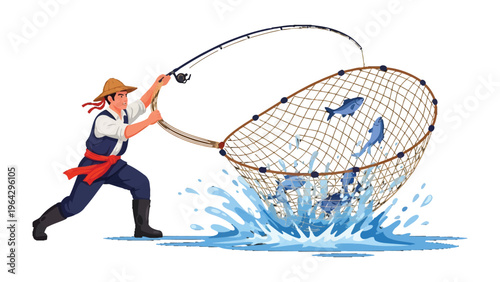 Catch of the Day: An illustration captures the moment of a fisherman hauling a sizable net, teeming with fish, from the refreshing waters, a symbol of a successful catch.