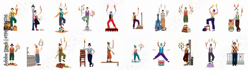 Diverse collection of male street performers and fire jugglers in colorful vintage costumes performing circus acts, isolated on a white background.