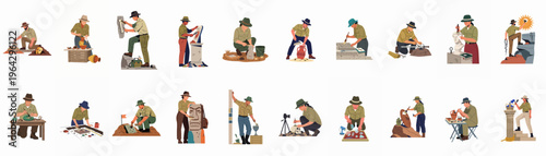 A comprehensive set of flat vector illustrations featuring diverse male and female archaeologists excavating, cleaning, and documenting ancient artifacts, fossils, and historical treasures.