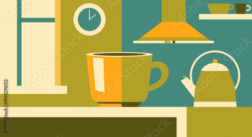 A person enjoys a cup of coffee in a modern kitchen interior with kettle and clock on the wall.