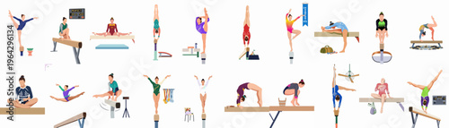 Diverse female gymnasts performing artistic gymnastics routines and balances on balance beams, featuring various poses and equipment in a flat illustrative style.