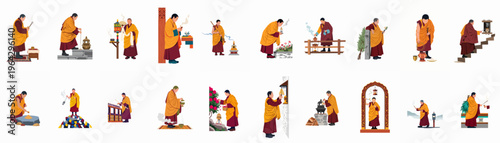Comprehensive collection of vector illustrations depicting Buddhist monks in traditional robes performing various spiritual rituals, ceremonies, and daily temple activities.