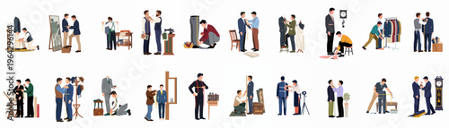Comprehensive collection of vector illustrations depicting professional tailors measuring, fitting, and crafting bespoke men's suits in various workshop settings.