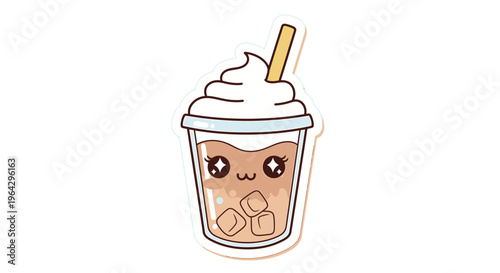 A cute illustration of a cold coffee drink with whipped cream and ice cubes