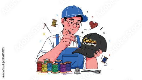 Artisan's Craft: An artisan, engrossed in meticulous craftsmanship, embroiders a personalized cap with a fusion of dedication and creativity, a testament to skilled work.