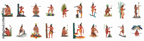 Diverse collection of indigenous tribal characters performing daily activities like hunting, gathering, and playing music in a tropical rainforest setting.