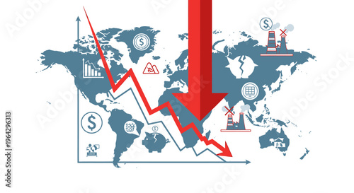 Economic downturn depicted on a world map with red arrows