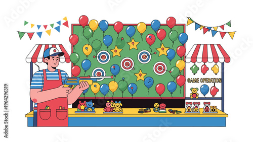 Carnival Games: A vibrant illustration depicts a carnival game booth, inviting participants to test their aim at targets surrounded by balloons.