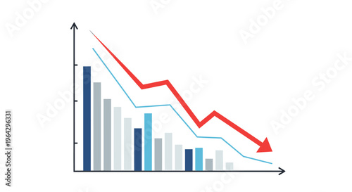 A declining graph trend shows statistics decreasing over time with a downward arrow.