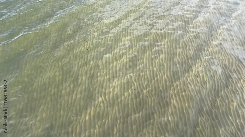 abstract close-up of wave-formed sand ripple patterns seen through crystal-clear shallow coastal water