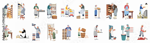 Set of flat vector illustrations depicting professional workers in various stages of the cheese production process in a dairy factory or creamery.