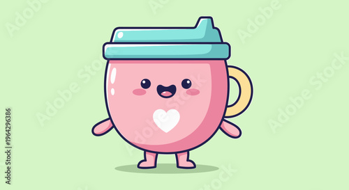 A cheerful pink cartoon mug with a green lid and a heart on its front is standing on a surface.