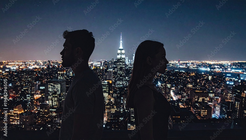 Obraz premium Silhouetted couple stands backtoback against a glowing city skyline at night. This cinematic shot captures urban isolation and romantic tension, perfect for emotional or modern ads.