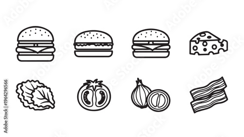 Burger Ingredients Icons Set Vector Outline Style Simple Clean Line Art