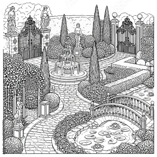 Black and white illustration of a garden with a fountain and statues