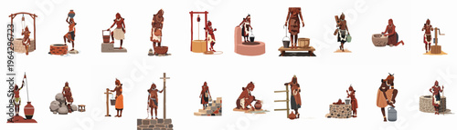 Bild auf Leinwand Set of minimalist vector illustrations depicting African women in traditional attire gathering water from wells and pumps using pots and buckets