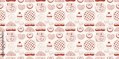 Seamless vector pattern with assorted bakery croissants, eclairs, donuts, cupcakes, simit bagels, palmier cookies. Hand drawn pastry in a red line art style on beige for cafe branding and packaging.