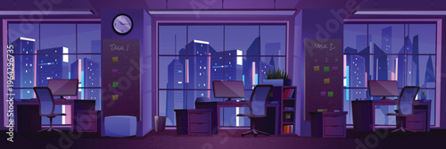 Empty modern office interior at night with city skyline view