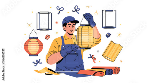 Crafting Lantern: A skilled artisan meticulously assembles a traditional lantern, surrounded by tools and materials, embodying the artistry of craft.