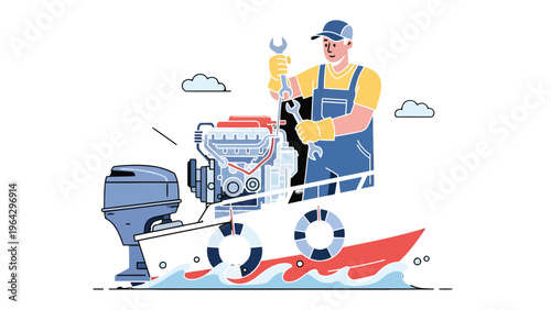 Mechanic Inspects Motorboat Engine: An experienced mechanic meticulously inspects the engine of a motorboat, ensuring optimal performance and functionality with skillful precision.