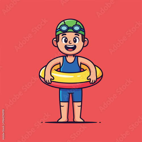 Young boy in swimwear holding inflatable ring ready for pool fun