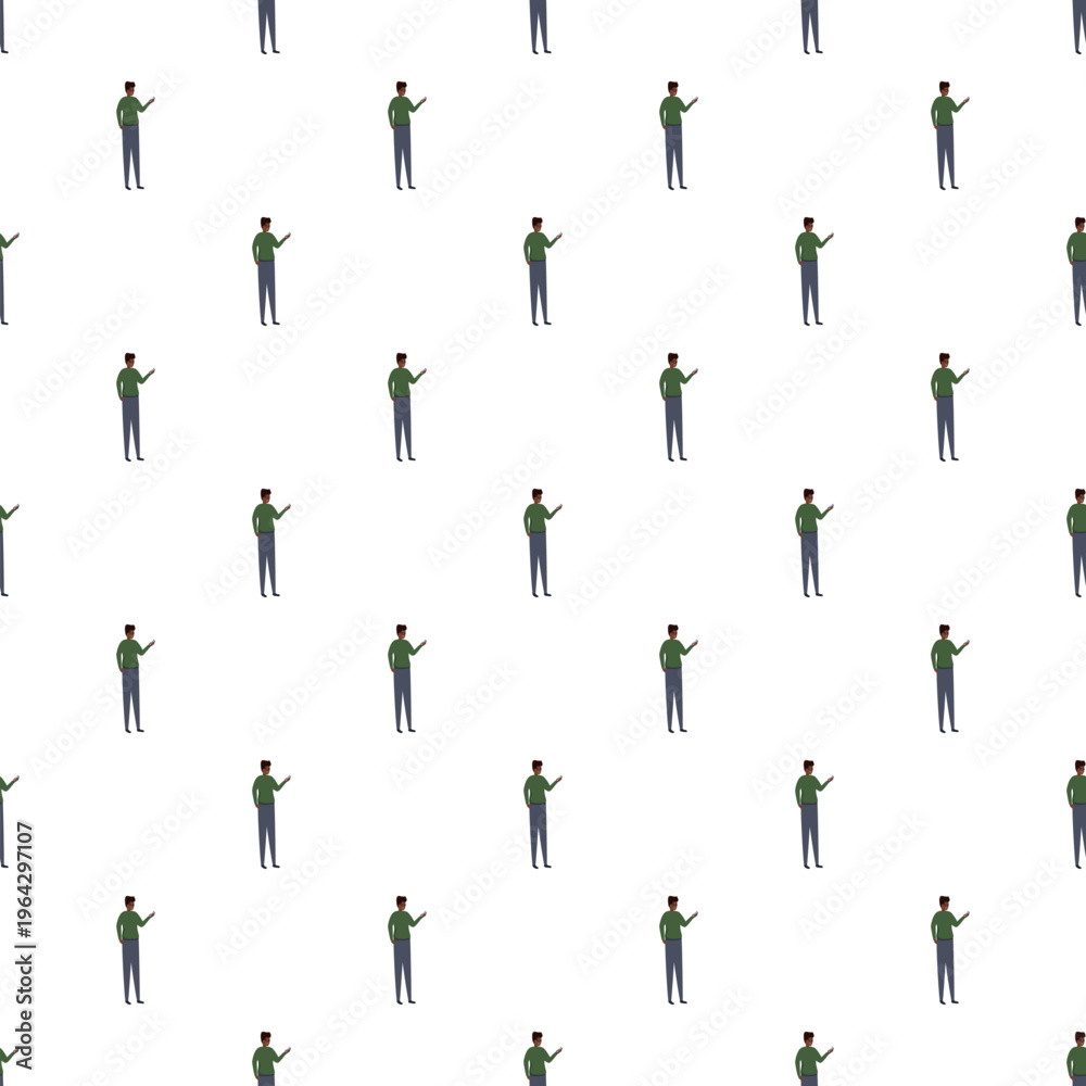Fototapeta premium Repeating illustration of men in green shirts and grey pants pointing, creating a seamless background