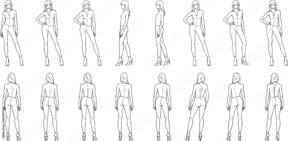 Fototapeta premium Female fashion figure croquis templates featuring multiple poses from front side and back views for garment design and illustration.