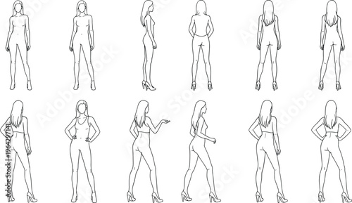 Female fashion figure croquis templates featuring multiple poses from front side and back views for garment design and illustration.