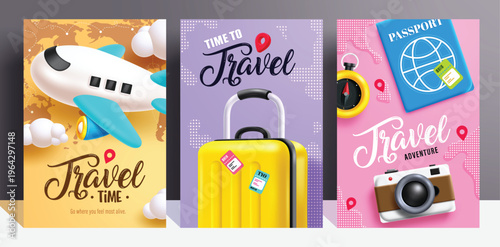 Travel vector clipart design with yellow suitcase, luggage tags and time to travel text. Vacation planning concept for tourism ads and trip promotions. Vector illustration.
