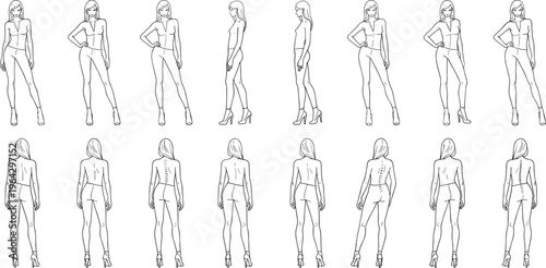 Female fashion figure croquis templates featuring multiple poses from front side and back views for garment design and illustration.