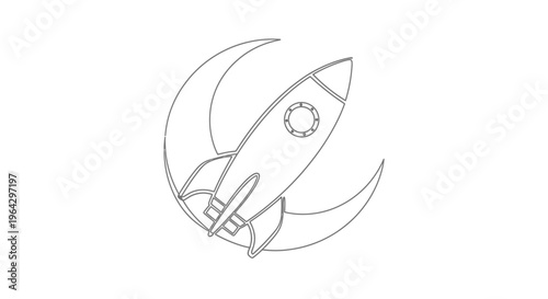 Rocket Ship Ascending Crescent Moon Outline