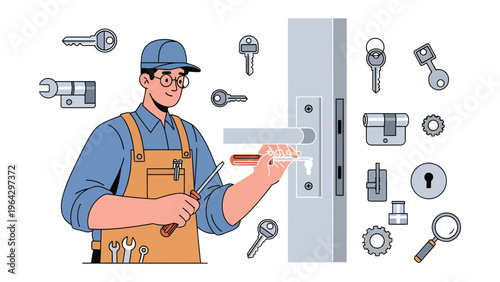 Expert Locksmith at Work: An expert locksmith, surrounded by his tools, diligently works on a door lock, representing security and expertise.