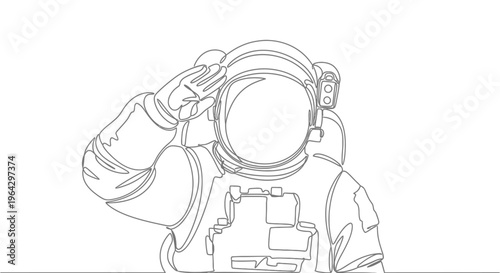 Astronaut, Space Suit, Saluting, One Line Drawing, Minimalist, White Background