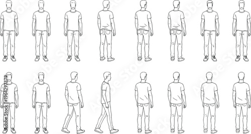 Male fashion figure croquis templates featuring front side and back views for garment design and technical fashion illustration.