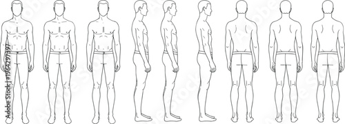 Male fashion figure croquis templates featuring front side and back views for garment design and technical fashion illustration.