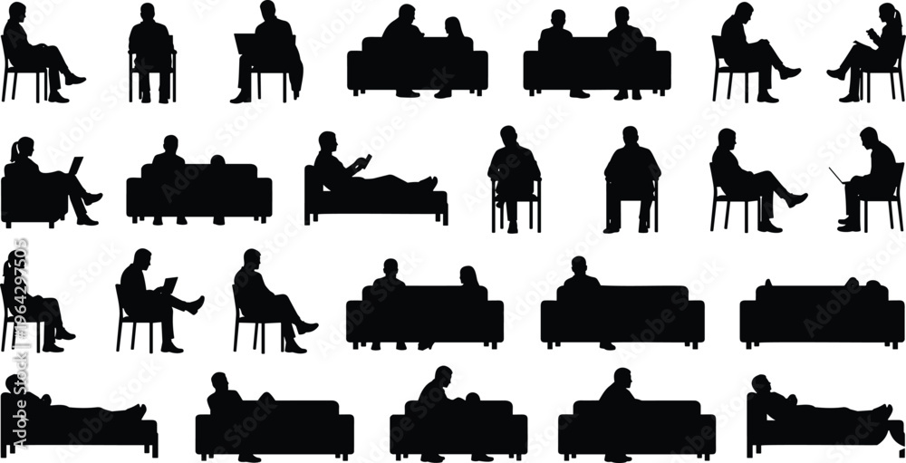 Obraz premium Sitting and reclining people silhouettes vector set featuring men and women in various relaxed and professional poses for architectural visualization.