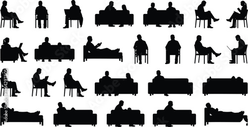 Sitting and reclining people silhouettes vector set featuring men and women in various relaxed and professional poses for architectural visualization.