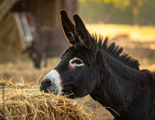Donkey Eating Hay in a Farm Setting.