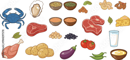 Zinc rich healthy food sources vector set featuring seafood red meat seeds legumes nuts and dairy products for balanced nutrition.