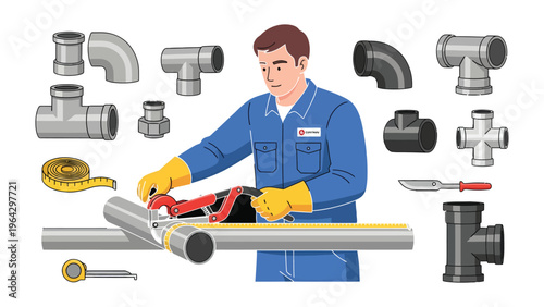 Plumber's Precise Work: An expert plumber meticulously cuts and prepares pipes with essential tools, surrounded by plumbing components, showcasing professional precision and attention to detail.